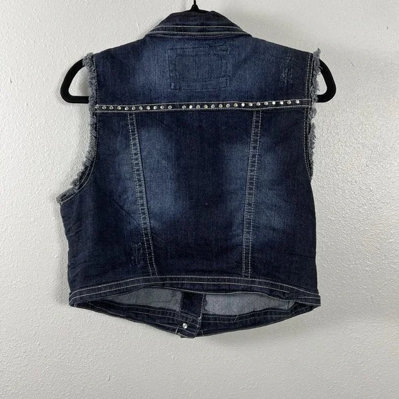 Wallflower Women's XL Dark Wash Studded Denim Vest Frayed Cropped Blue Jacket XL - Picture 4 of 11